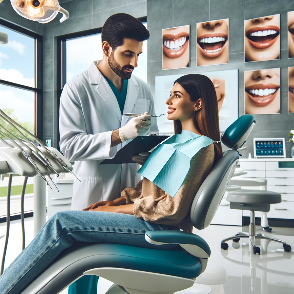Cosmetic dentist of Middle-Eastern descent examining a Hispanic patient in a modern San Diego dental office, surrounded by advanced equipment and before-and-after smile transformations, symbolizing professional and trustworthy cosmetic dentistry.